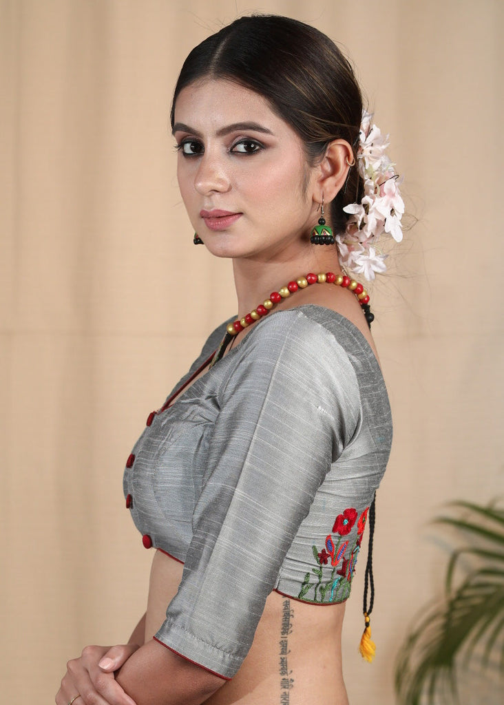 Silver Grey Cotton Silk Blouse With Beautiful Floral Embroidery at the Back