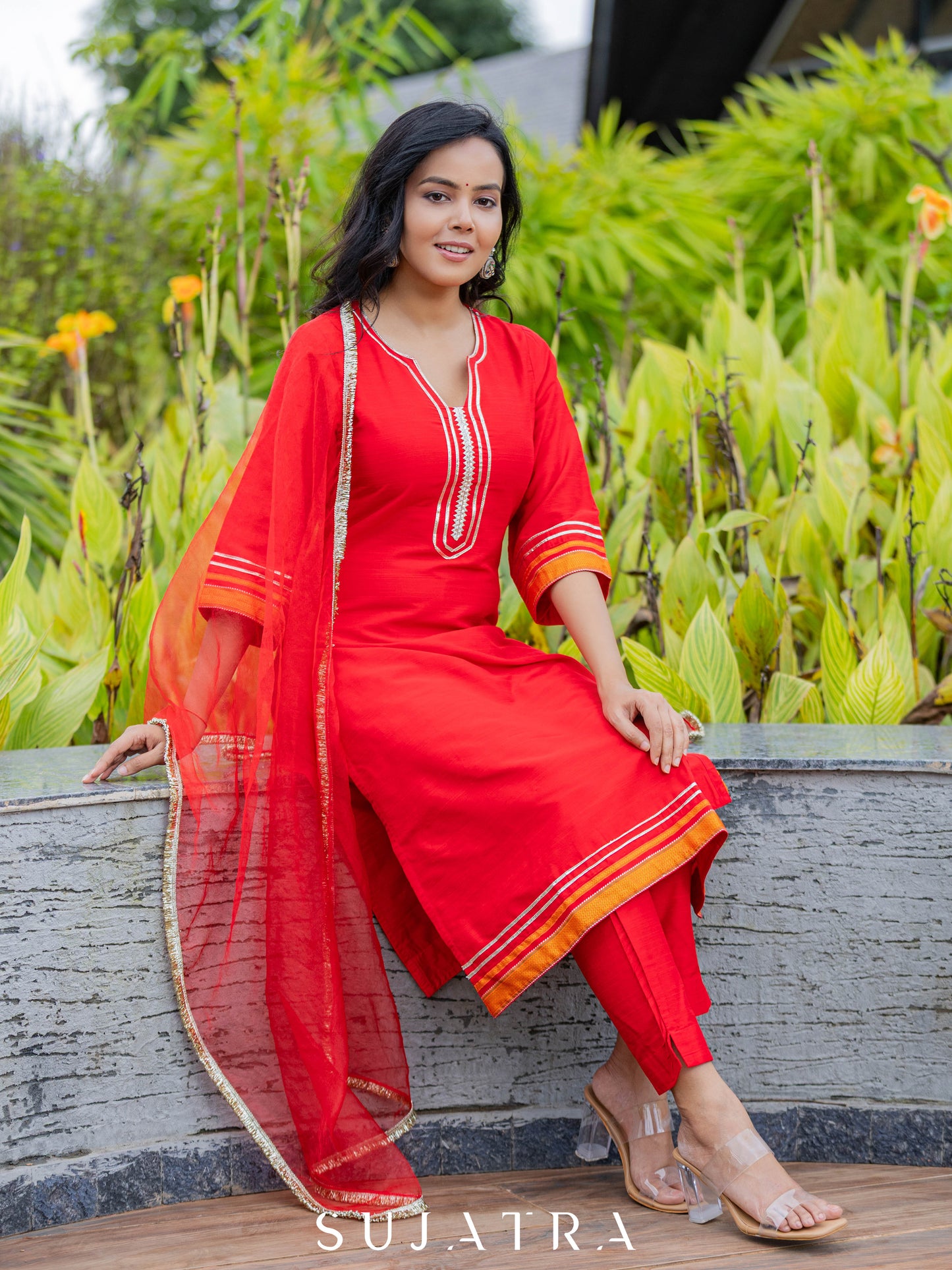 Red Cotton Silk Pant