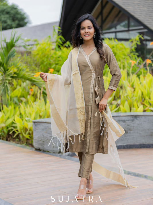 Noorani Cotton Silk Angarkha Kurta with Exquisite Tassle Detailing