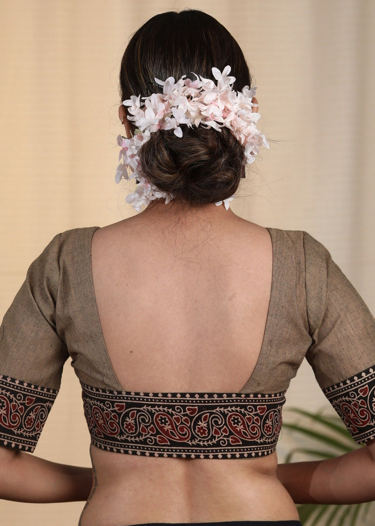 Elegant and Striking Chikoo  colored Cotton Handloom Blouse with Ajrakh Border