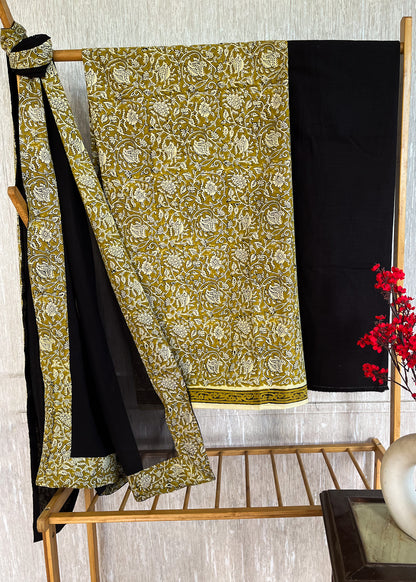 Natural Floral Mustard Cotton Suit Set with Black Bottom and Georgette Dupatta