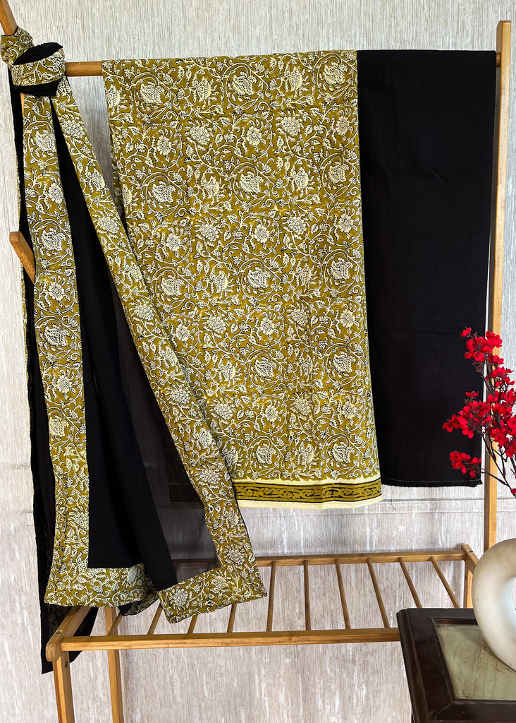 Natural Floral Mustard Cotton Suit Set with Black Bottom and Georgette Dupatta