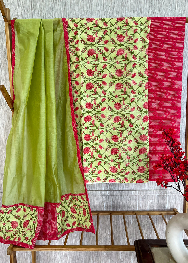 Lime Green Floral Suit Set with Pink Kantha Bottom and Chanderi Dupatta