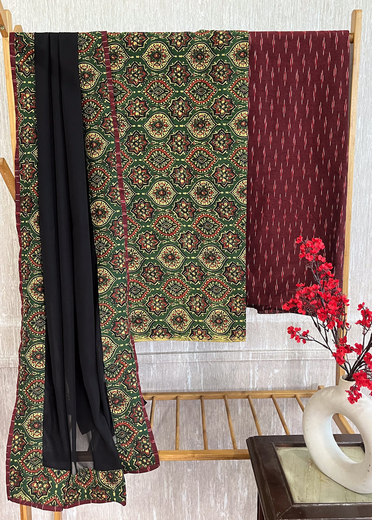 Bottle Green Mughal Print Cotton Suit Set with Maroon Ikat Bottom and Georgette Dupatta