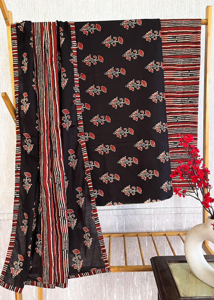 Black Floral Suit Set with Striped Maroon Bottom and Matching Dupatta