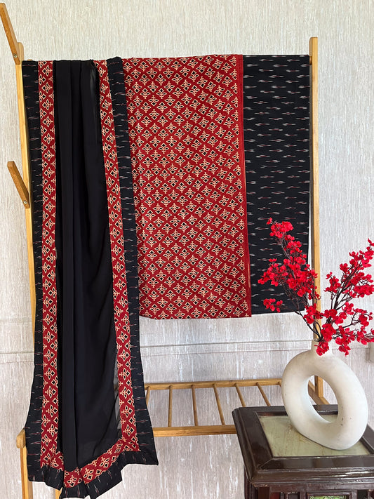 Maroon Ajrakh Suit Set wth Black Ikat Bottom and Georgette Dupatta