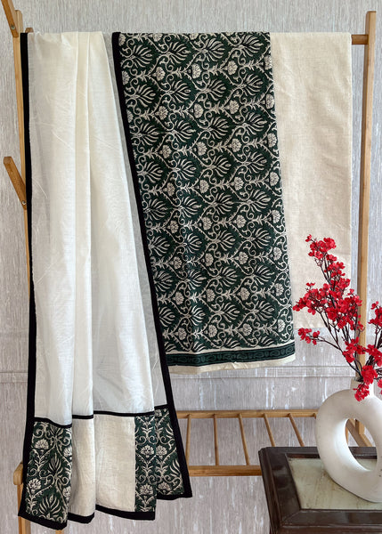 Floral Olive Green Cotton Suit Set with Off-White Bottom and Chanderi Dupatta