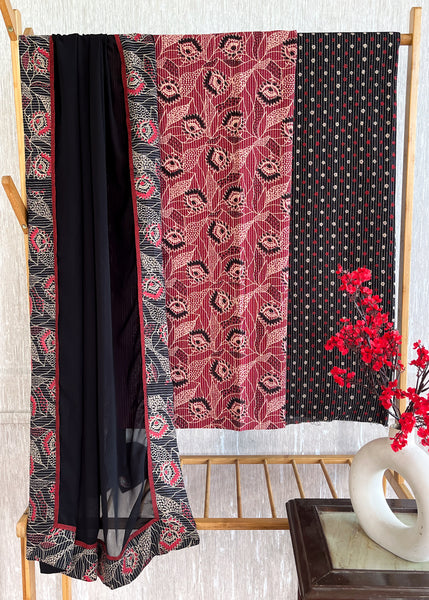 Floral Maroon and Black Kantha Suit Set with Georgette Dupatta