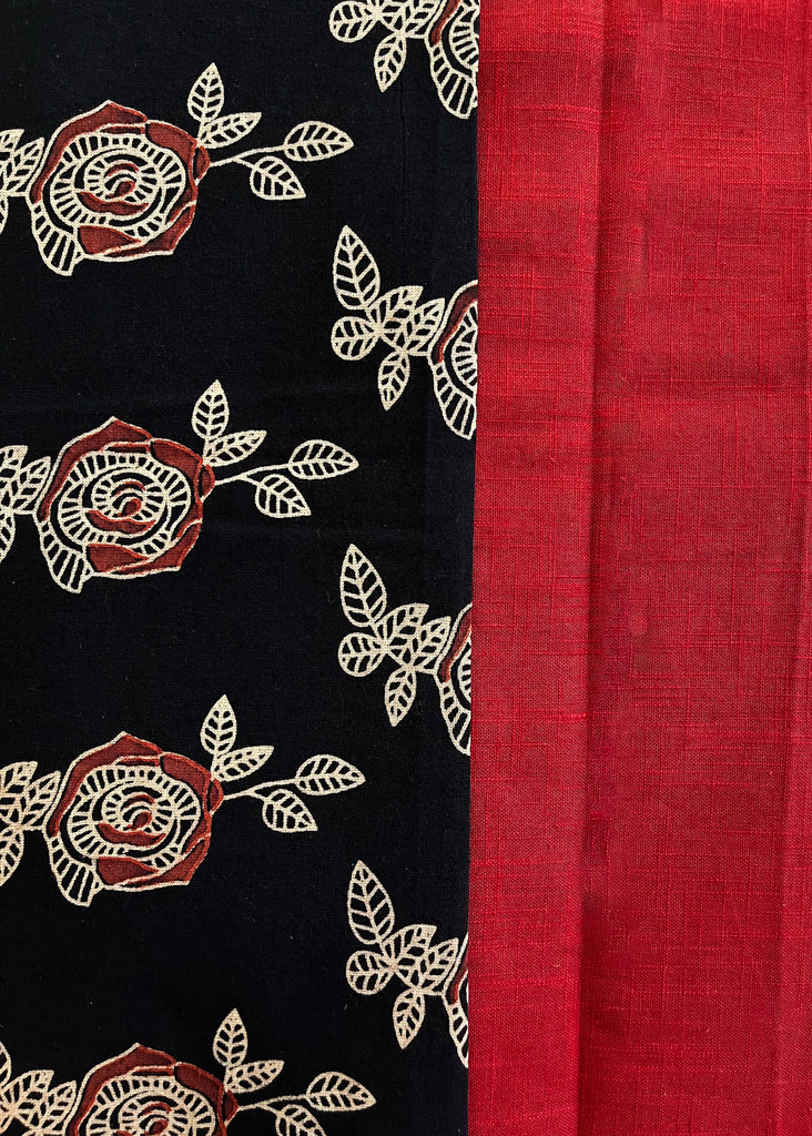 Black Floral Cotton Suit Set with Maroon Bottom and Chanderi Dupatta