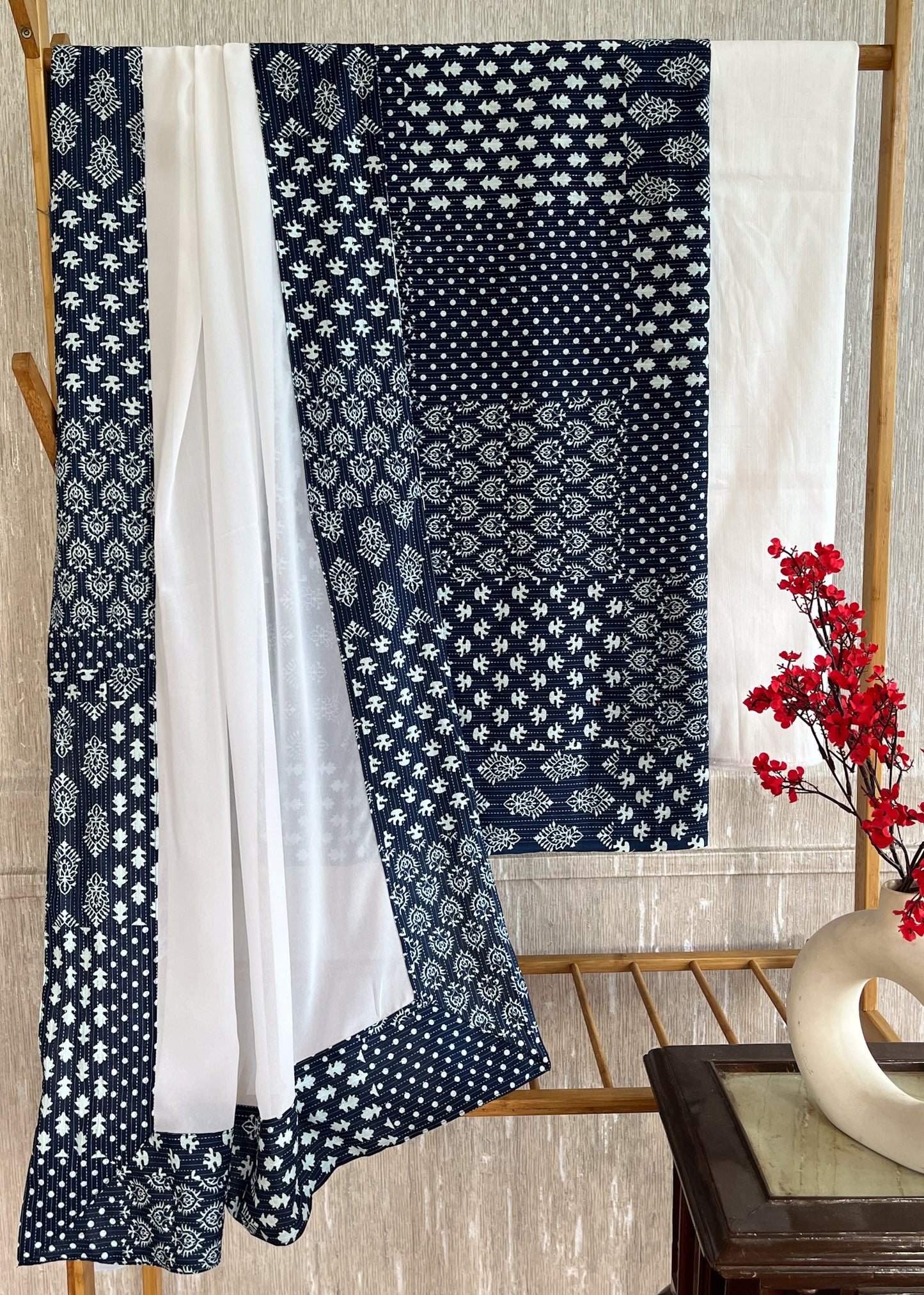 Blue Suit Set with White Cotton Silk Bottom and Georgette Dupatta