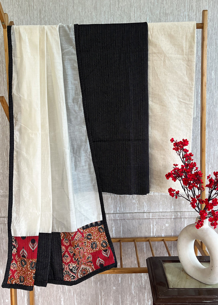 Black Kantha Suit Set with Off-White Bottom and Chanderi Dupatta