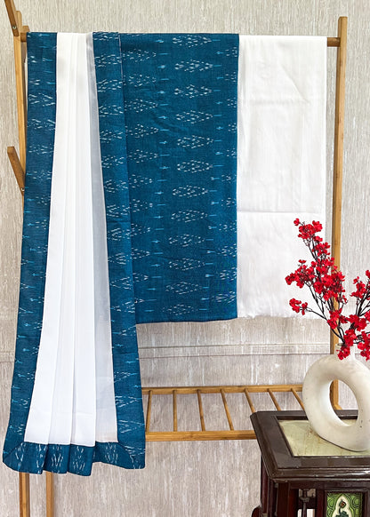 Blue Ikat Suit Set with White Cotton Silk Bottom and Georgette Dupatta