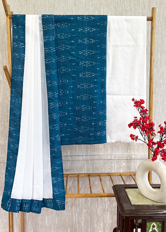 Blue Ikat Suit Set with White Cotton Silk Bottom and Georgette Dupatta