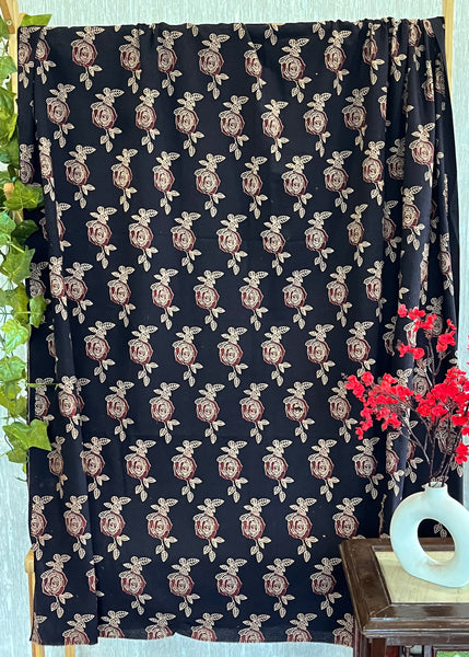 Black Rose Print Ajrakh Fabric