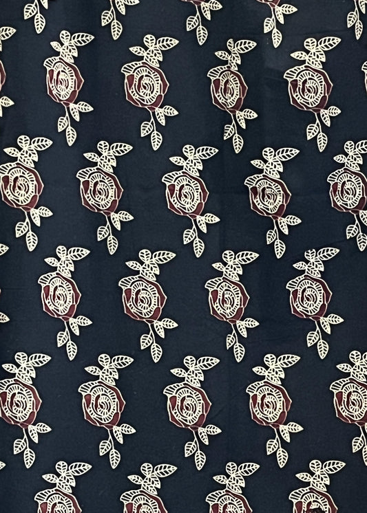 Black Rose Print Ajrakh Fabric