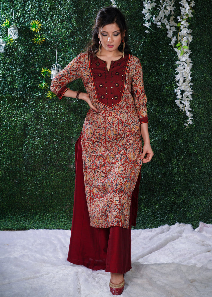 Kalamkari  Print Cotton Kurta with Hand emboiderd yoke using Beads and Stones