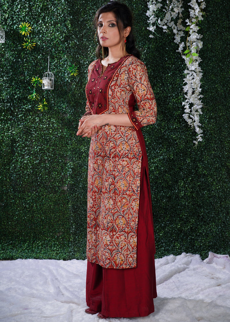 Kalamkari  Print Cotton Kurta with Hand emboiderd yoke using Beads and Stones