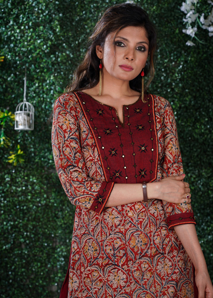 Kalamkari  Print Cotton Kurta with Hand emboiderd yoke using Beads and Stones