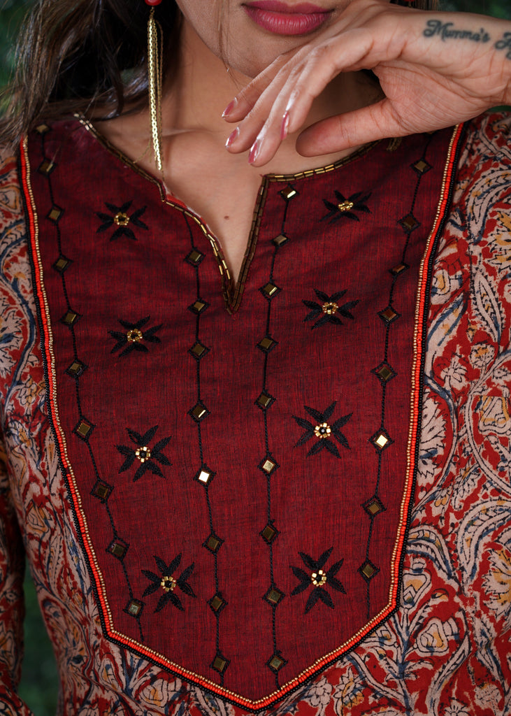 Kalamkari  Print Cotton Kurta with Hand emboiderd yoke using Beads and Stones