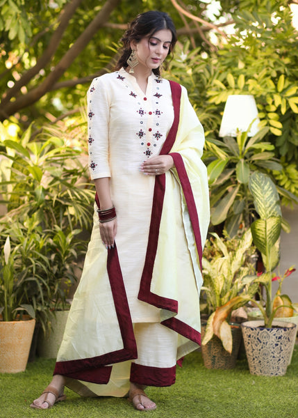 Beautiful Pure Cotton Hand Embroidered Mirror Work Kurta with Khun Border and Pant Set - Dupatta Optional