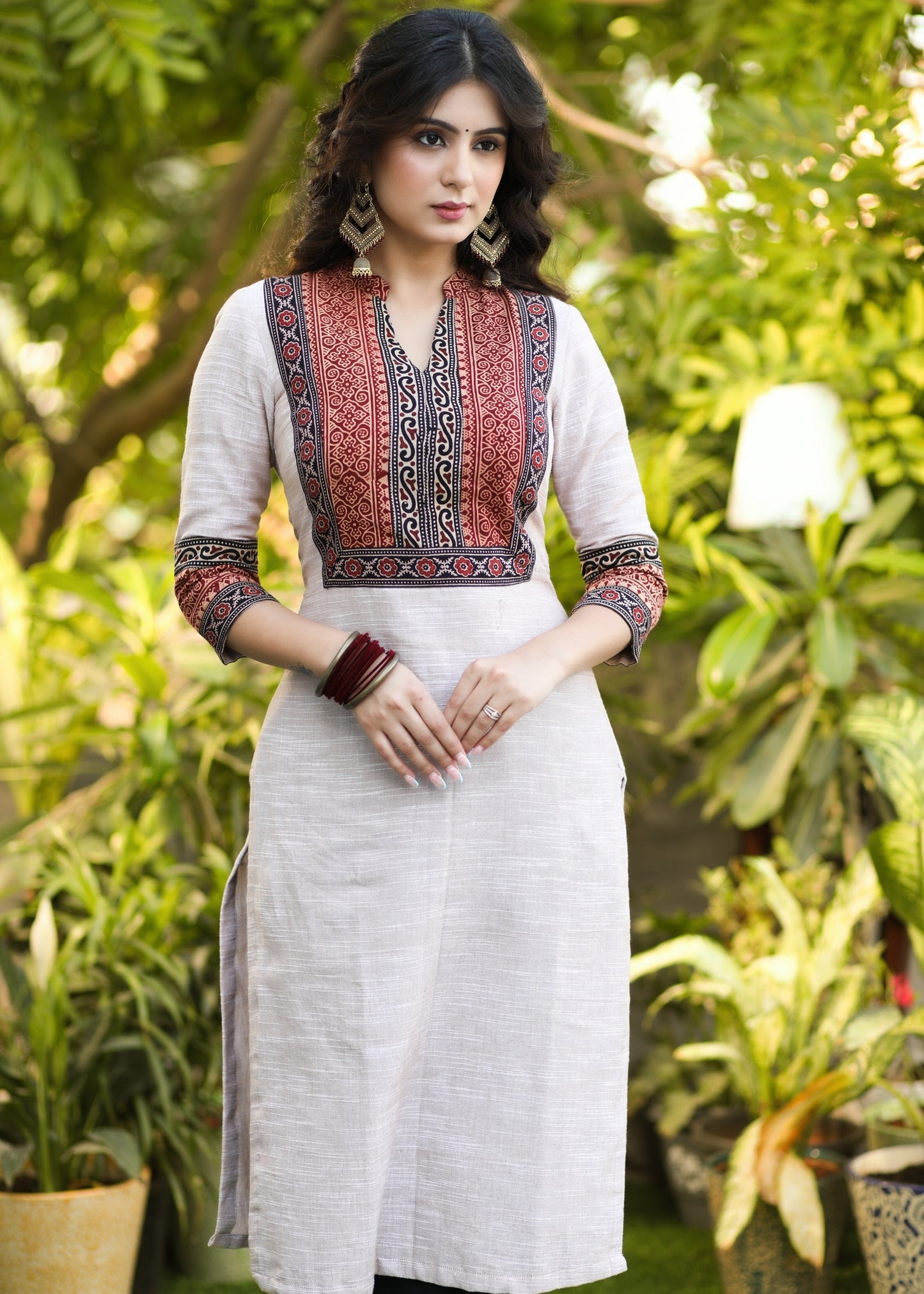 Trendy Pure Cotton Ajrakh Yoke Kurta