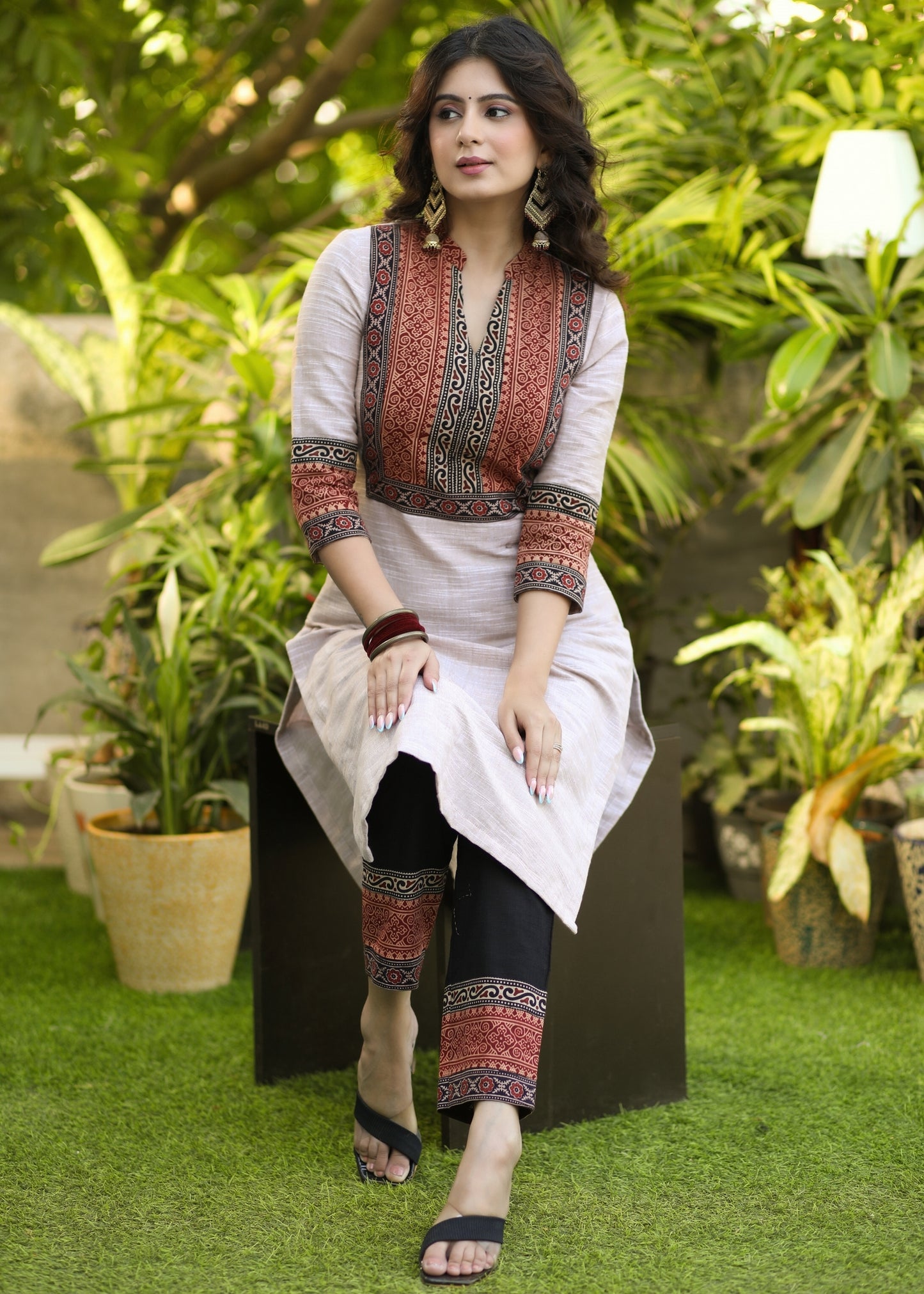 Trendy Pure Cotton Ajrakh Yoke Kurta