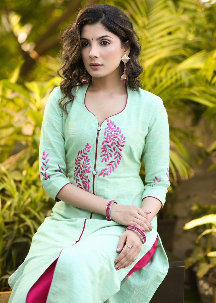 Classy Pista Green Pure Cotton Contrast Embroidered Kurta Pant Set - Dupatta Optional