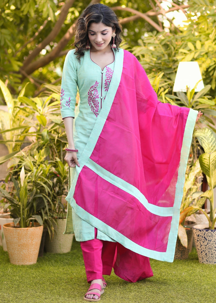 Classy Pista Green Pure Cotton Contrast Embroidered Kurta Pant Set - Dupatta Optional