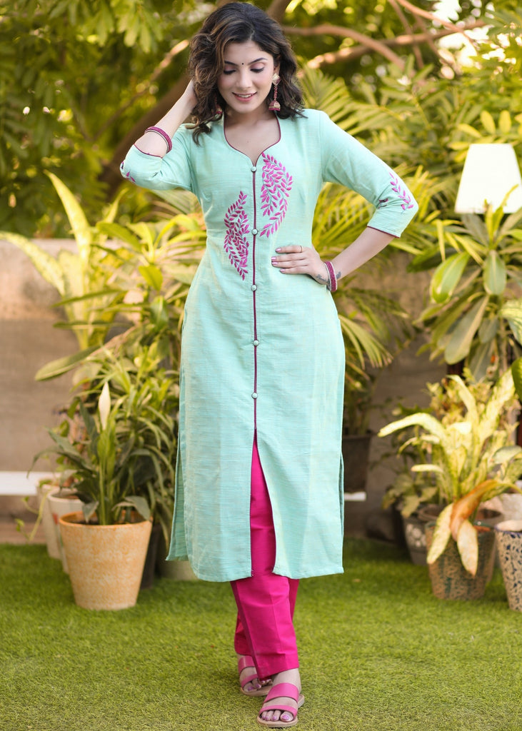 Classy Pista Green Pure Cotton Contrast Embroidered Kurta Pant Set - Dupatta Optional