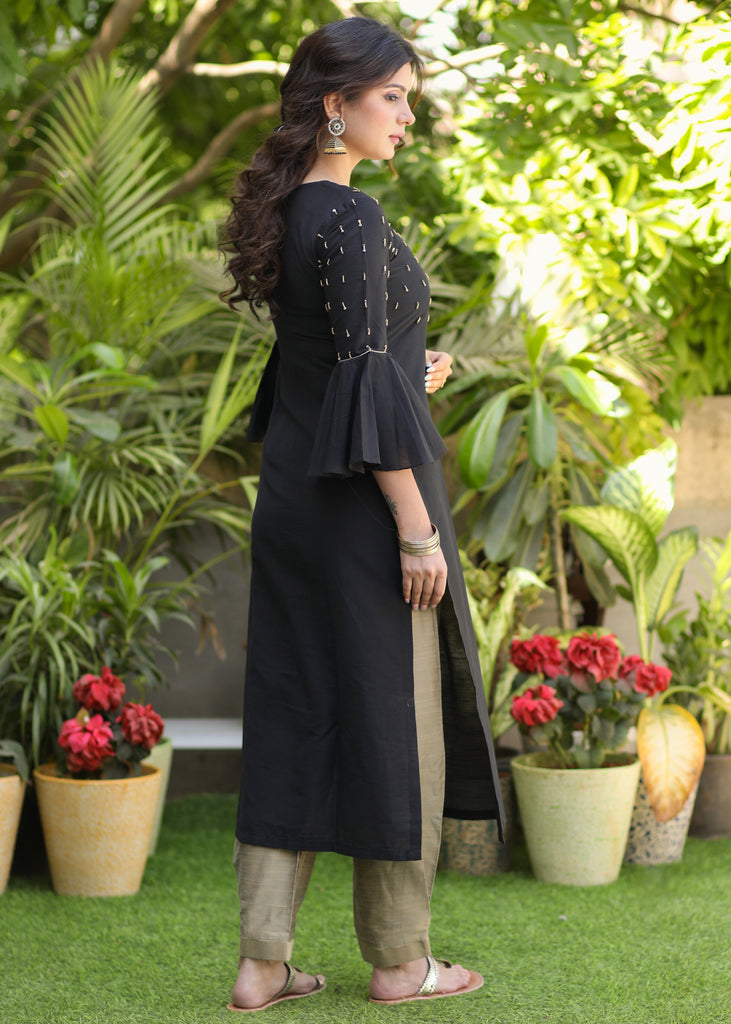 Exclusive Black Cotton Silk Hand Embroidered Peplum Sleeve Kurti - Pant Optional