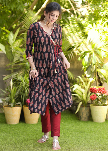Trendy Black Cotton Ajrakh with Mustard Hand Embroidery and Red Patti - Pant Optional