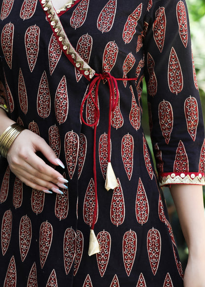 Trendy Black Cotton Ajrakh with Mustard Hand Embroidery and Red Patti - Pant Optional