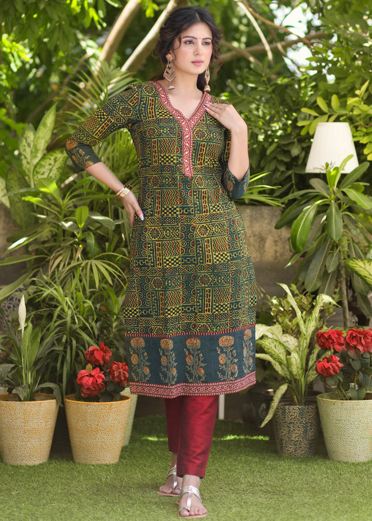 Classy Straight Cut Cotton Green Combination Kurti - Pant Optional