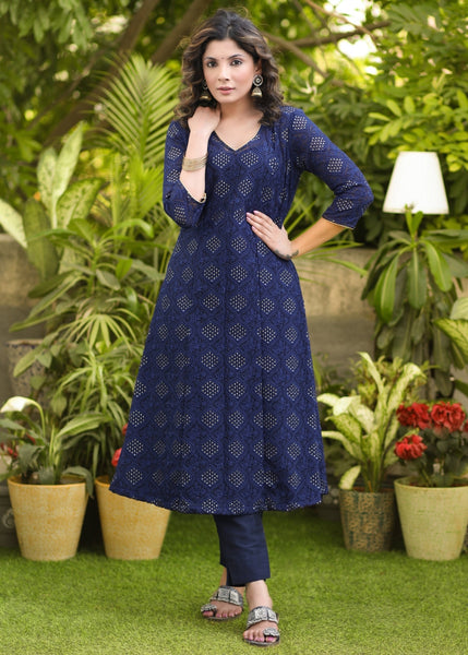 Trendy Navy Blue Embroidered Kurta - Pant Optional