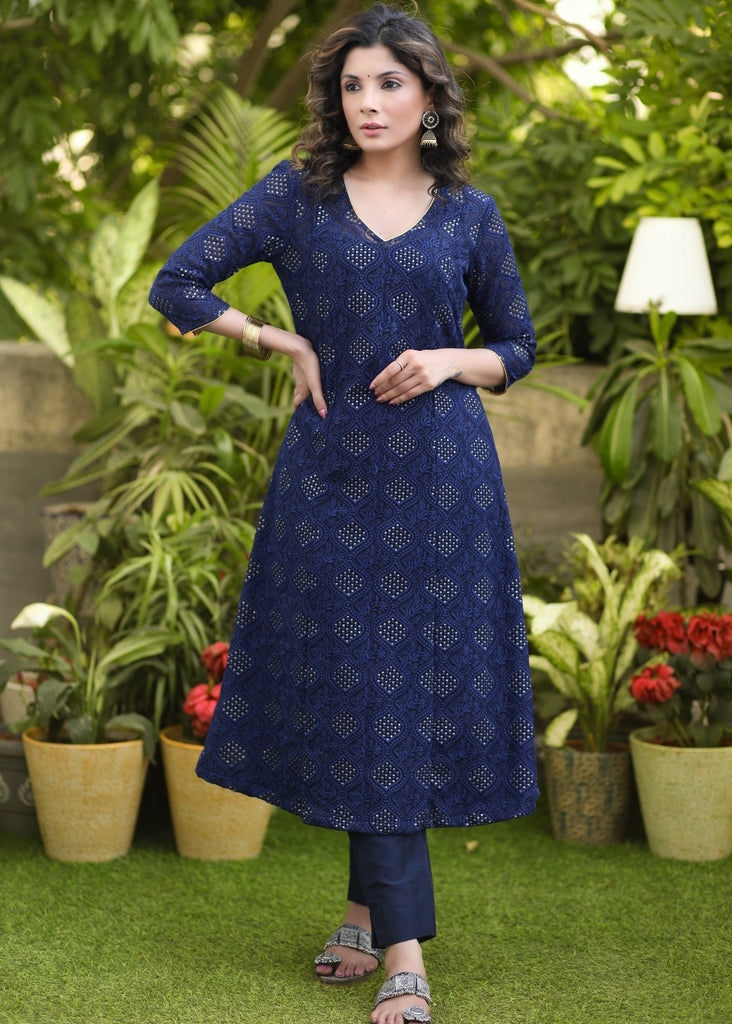 Trendy Navy Blue Embroidered Kurta - Pant Optional