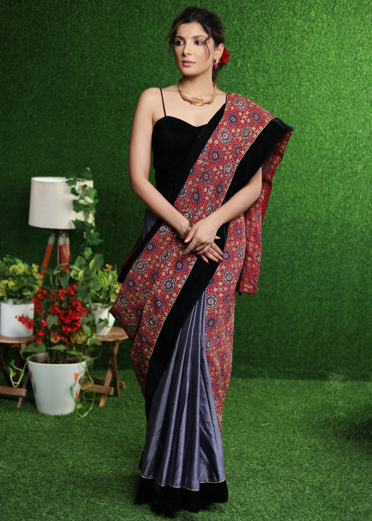 Stylish red Ajrakh & lavender Khun saree with Zari work on Pallu