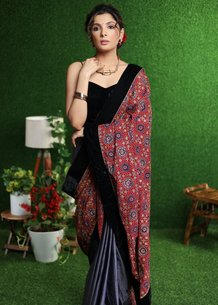 Stylish red Ajrakh & lavender Khun saree with Zari work on Pallu