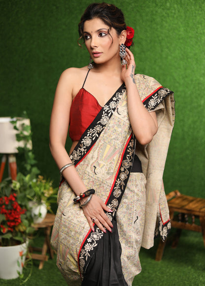 Serene Madhubani print saree with delicate embroidery border