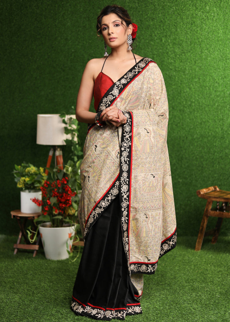 Serene Madhubani print saree with delicate embroidery border