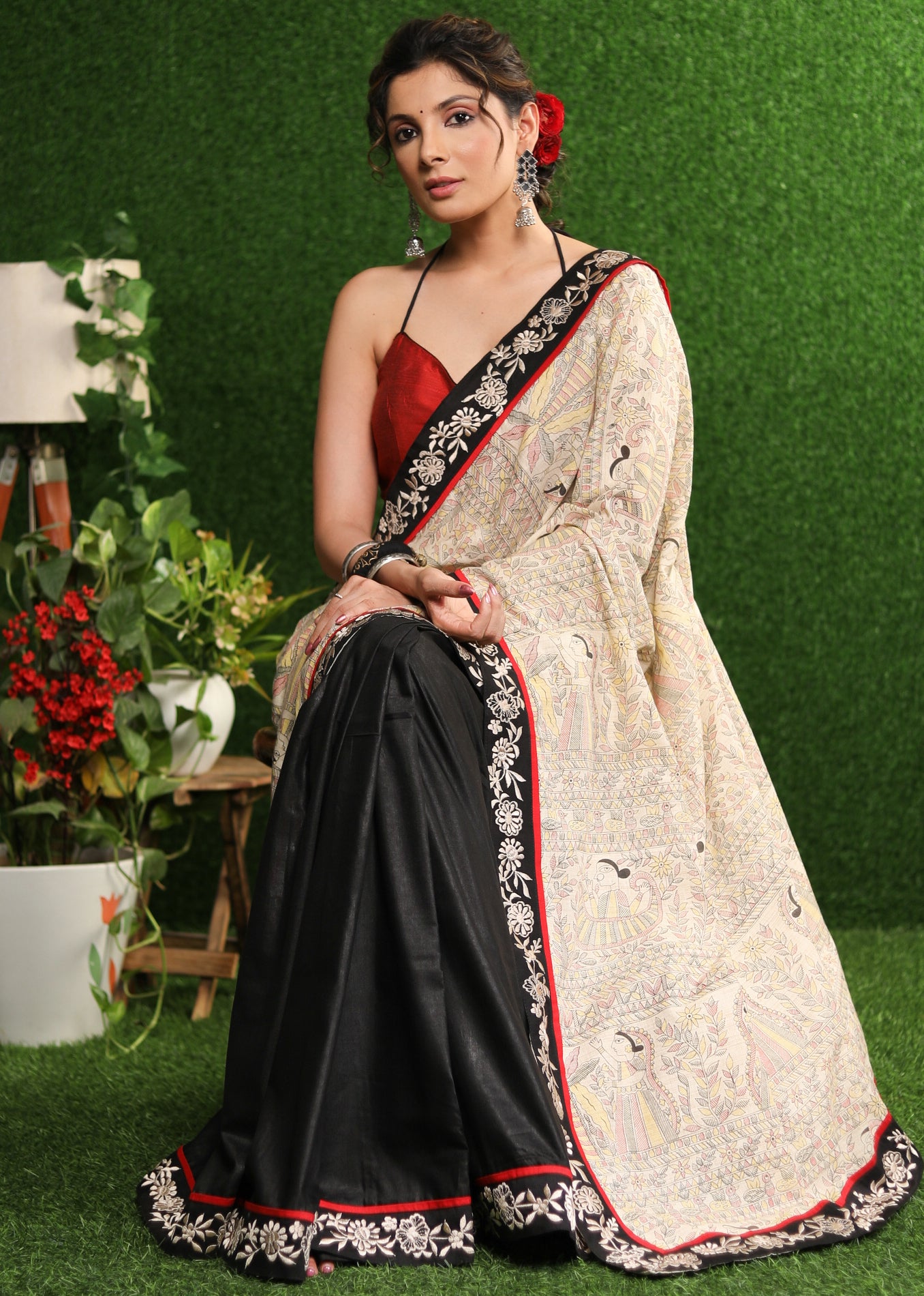 Serene Madhubani print saree with delicate embroidery border