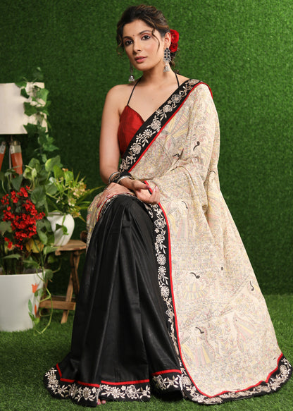Serene Madhubani print saree with delicate embroidery border