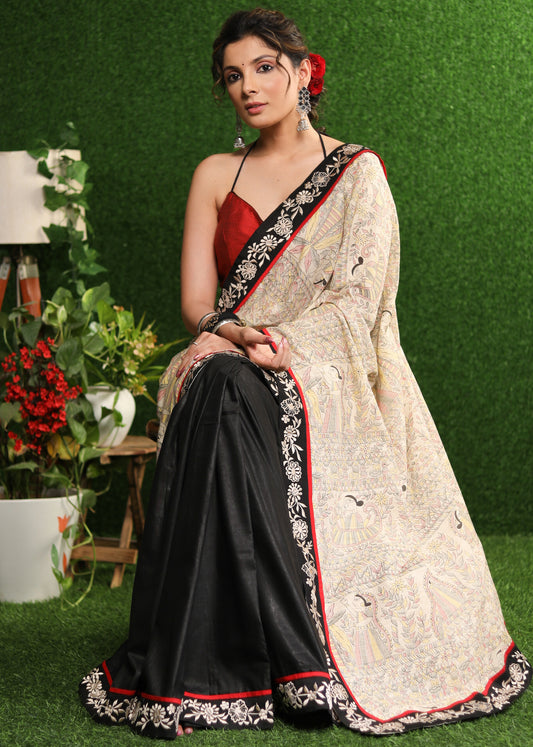 Serene Madhubani print saree with delicate embroidery border