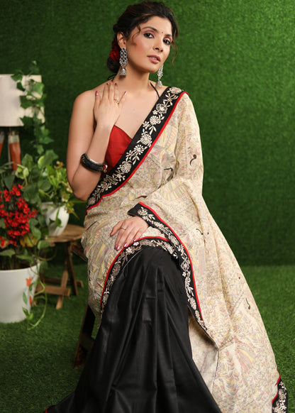 Serene Madhubani print saree with delicate embroidery border