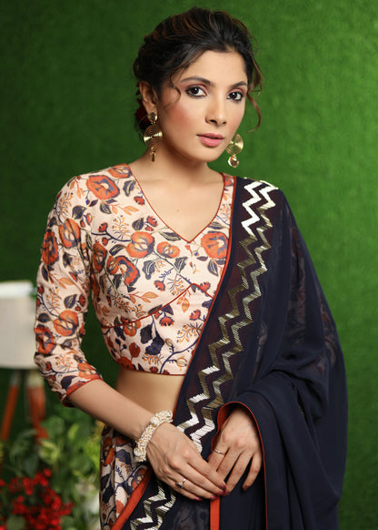 Classy blue Georgette & Satin combination saree with beautiful hand work
