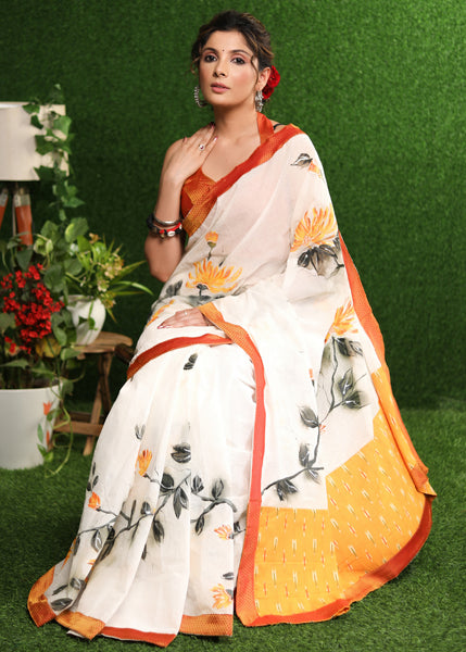 Elegant white saree with classy floral hand painting with Khun border