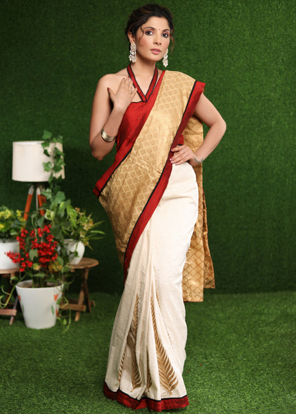 Exclusive off-white Cotton silk with gold brocade saree & Zari motif on pleats