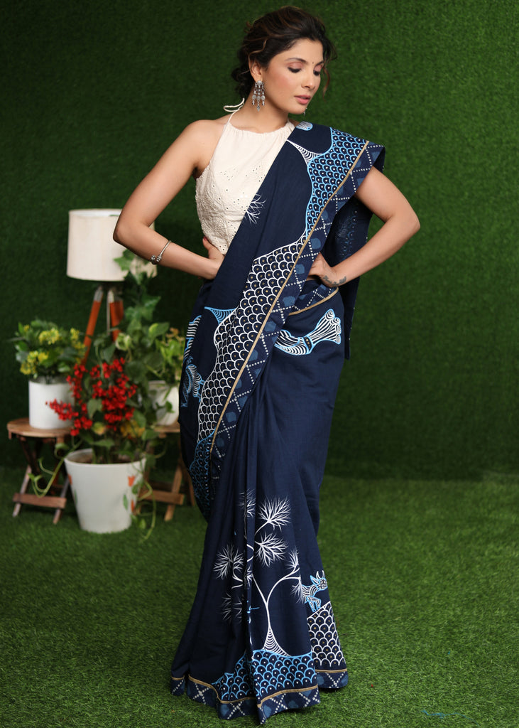Classy blue Cotton saree with exclusive Gond painting & indigo border