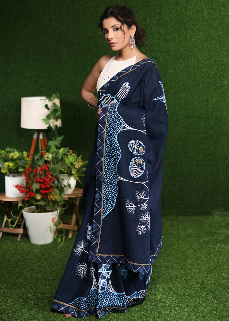 Classy blue Cotton saree with exclusive Gond painting & indigo border