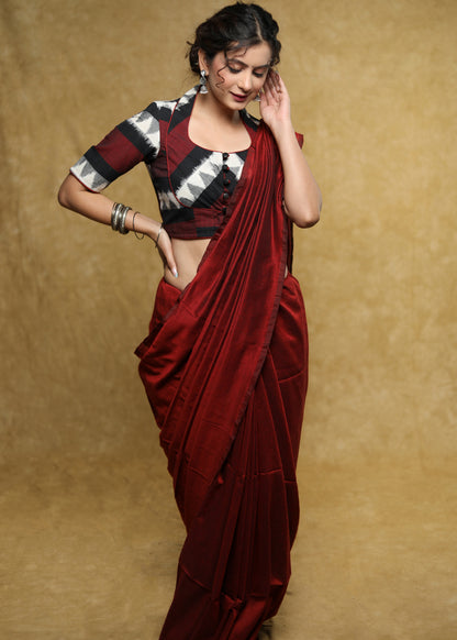 Elegant black & maroon Ikat Cotton blouse with Mandarin Collar with black buttons - Optional Plain Saree