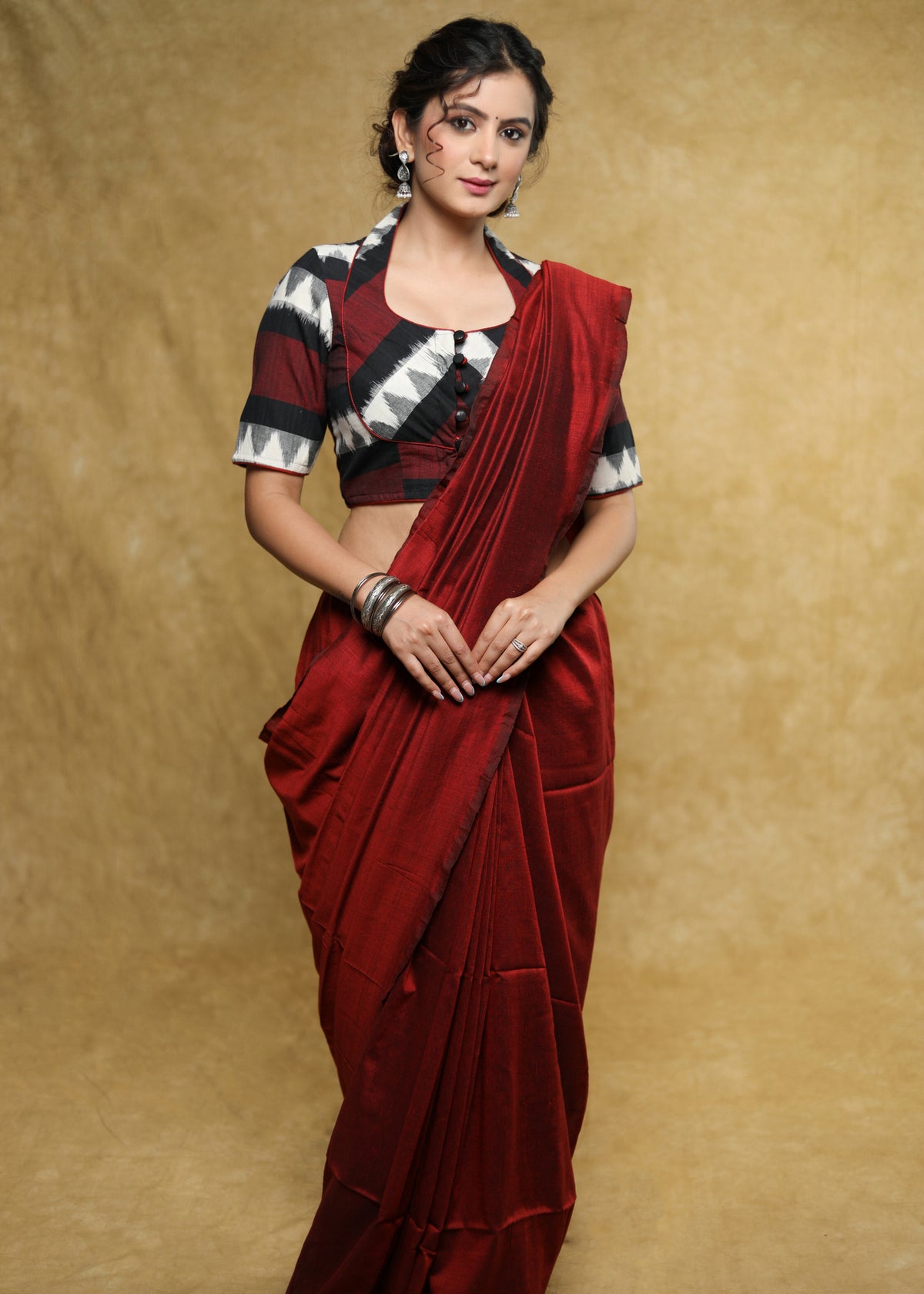Elegant black & maroon Ikat Cotton blouse with Mandarin Collar with black buttons - Optional Plain Saree